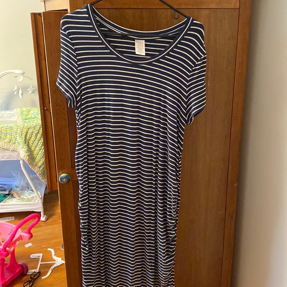 Navy and white striped maternity dress.